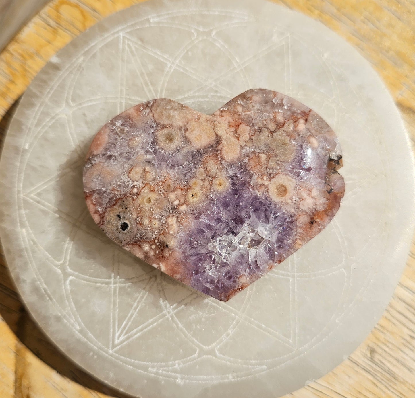 Pink Flower Agate-Amethyst Heart #1