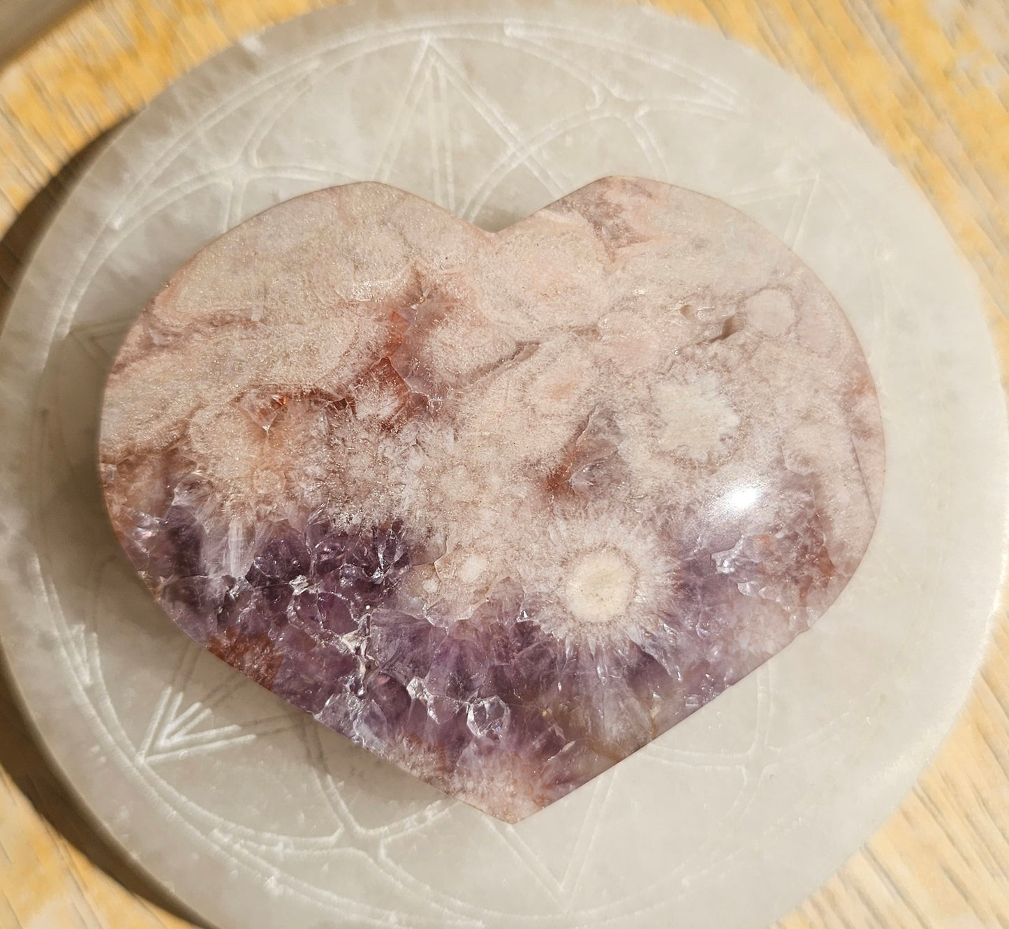 Pink Flower Agate-Amethyst Heart #6