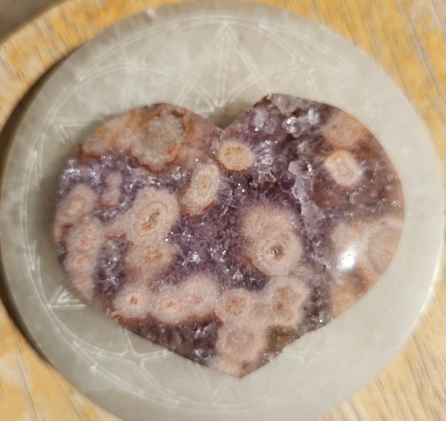 Pink Flower Agate-Amethyst Heart #5