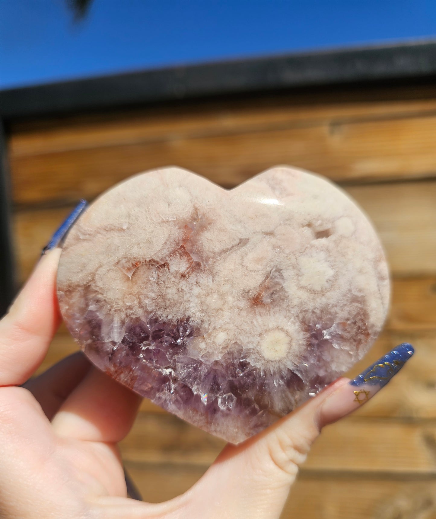 Pink Flower Agate-Amethyst Heart #6