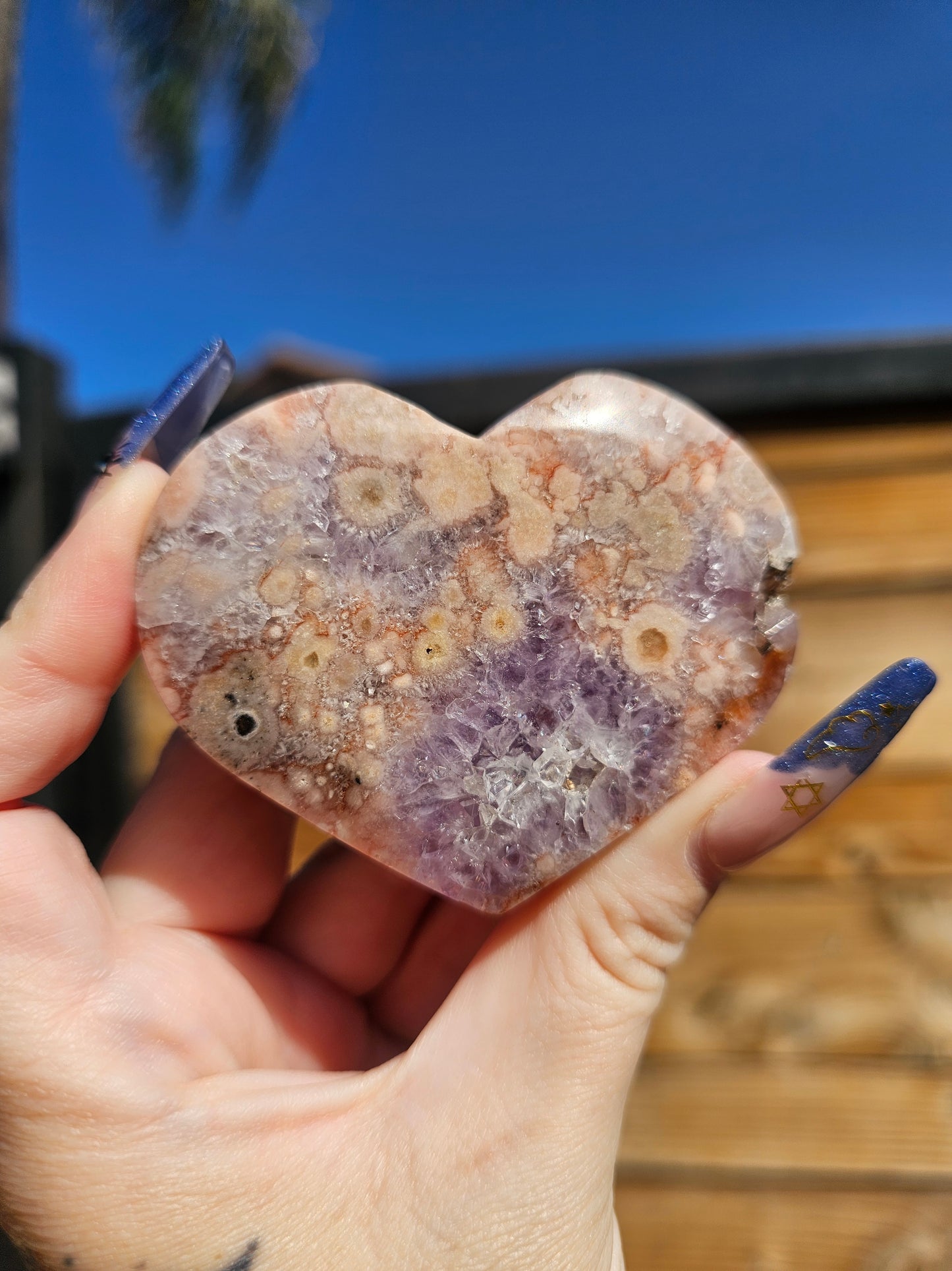 Pink Flower Agate-Amethyst Heart #1