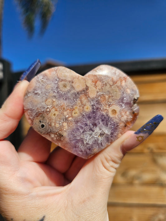 Pink Flower Agate-Amethyst Heart #1