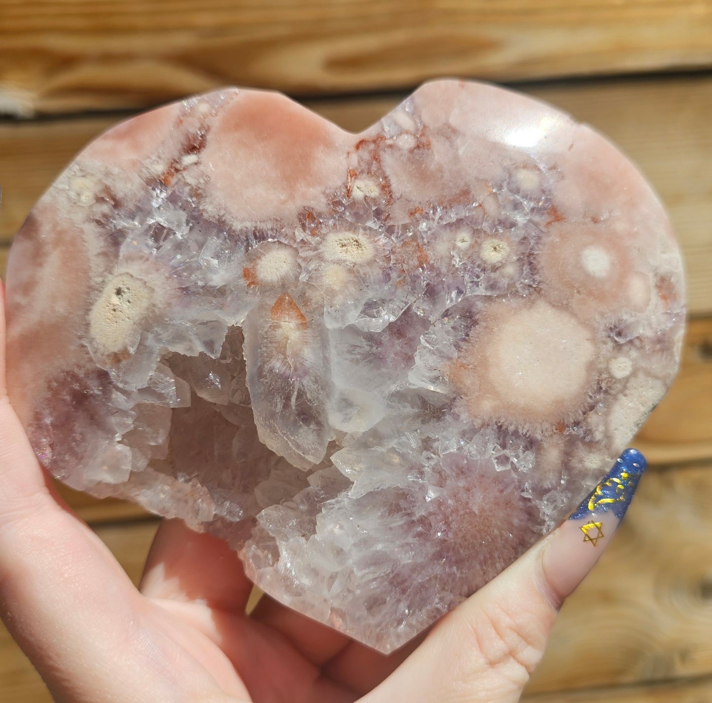 XL Pink Flower Agate-Amethyst Heart #4