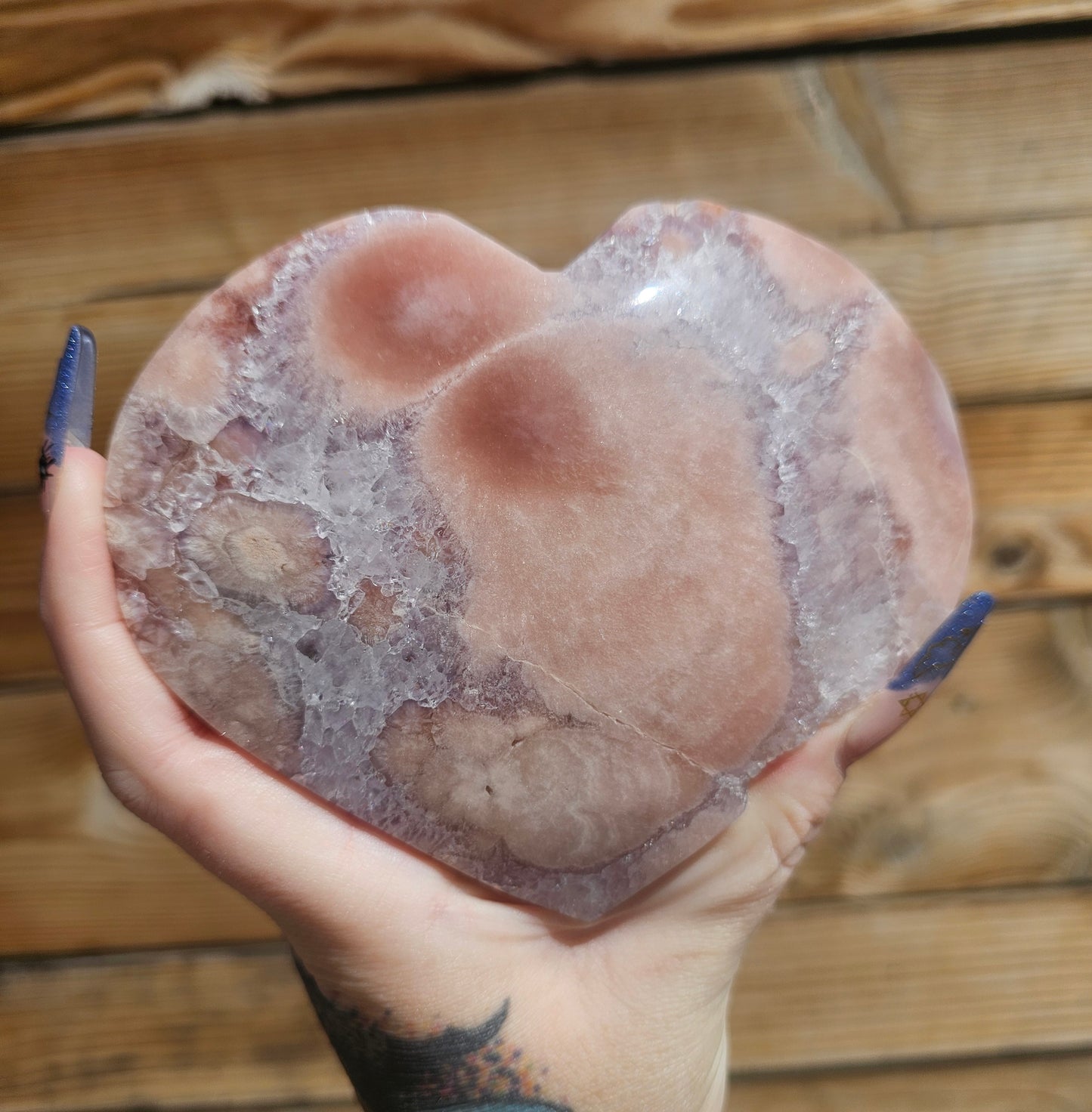 XL Pink Flower Agate-Amethyst Heart #4