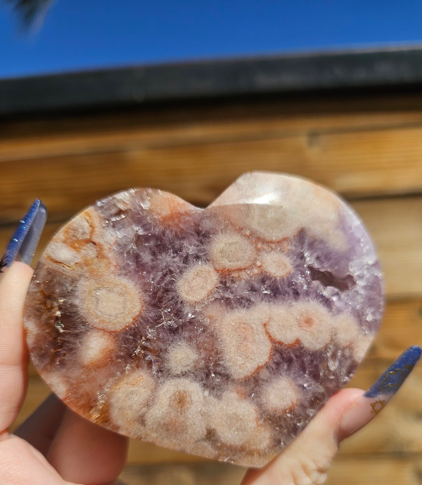 Pink Flower Agate-Amethyst Heart #5