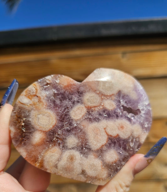 Pink Flower Agate-Amethyst Heart #5