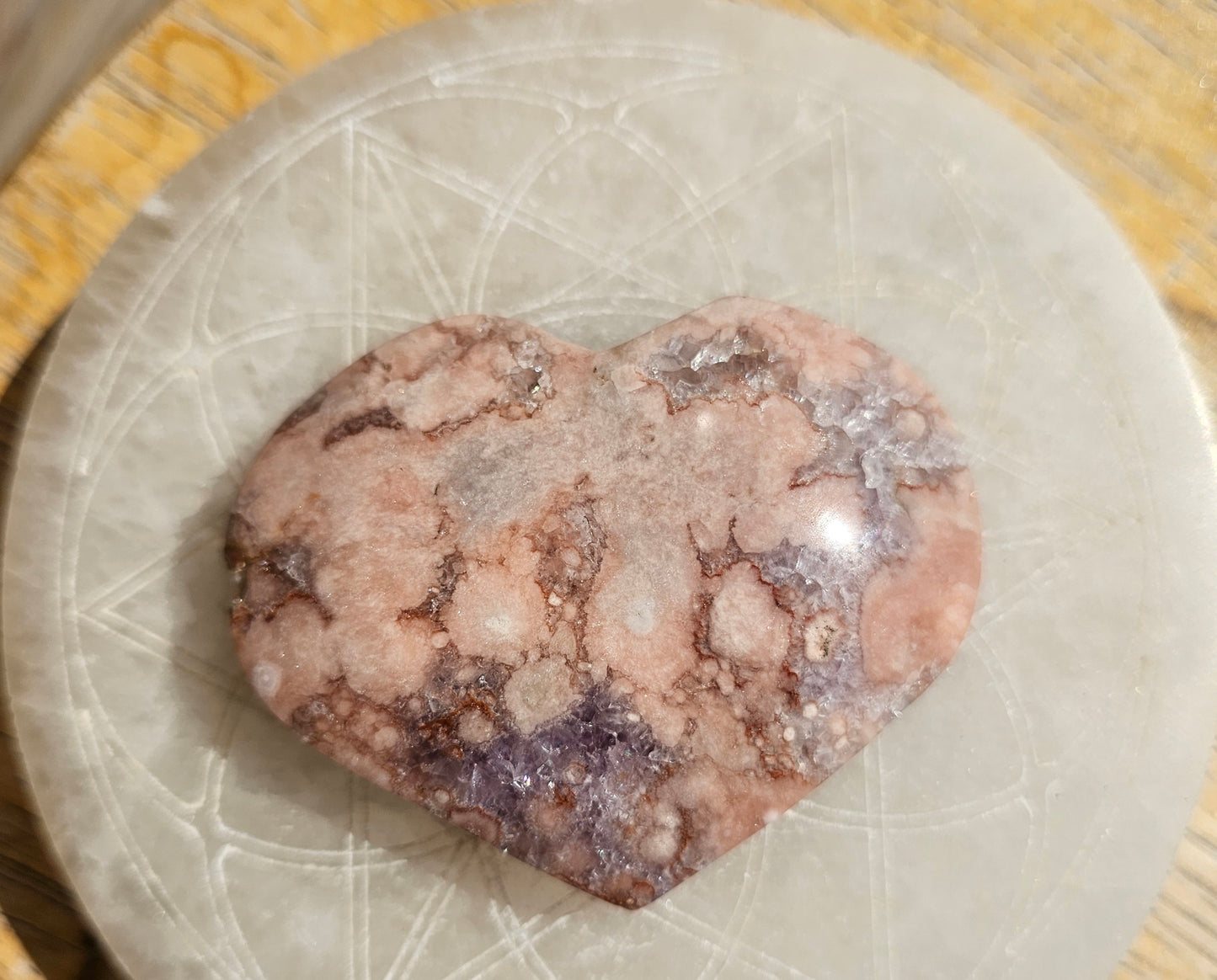 Pink Flower Agate-Amethyst Heart #1