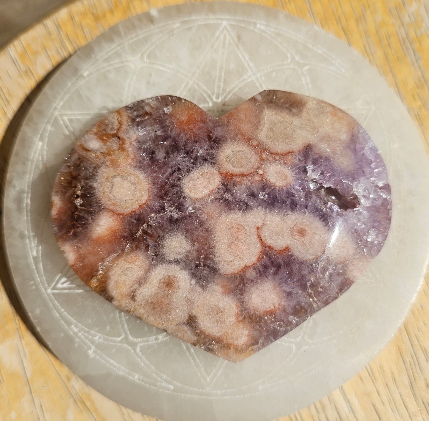 Pink Flower Agate-Amethyst Heart #5