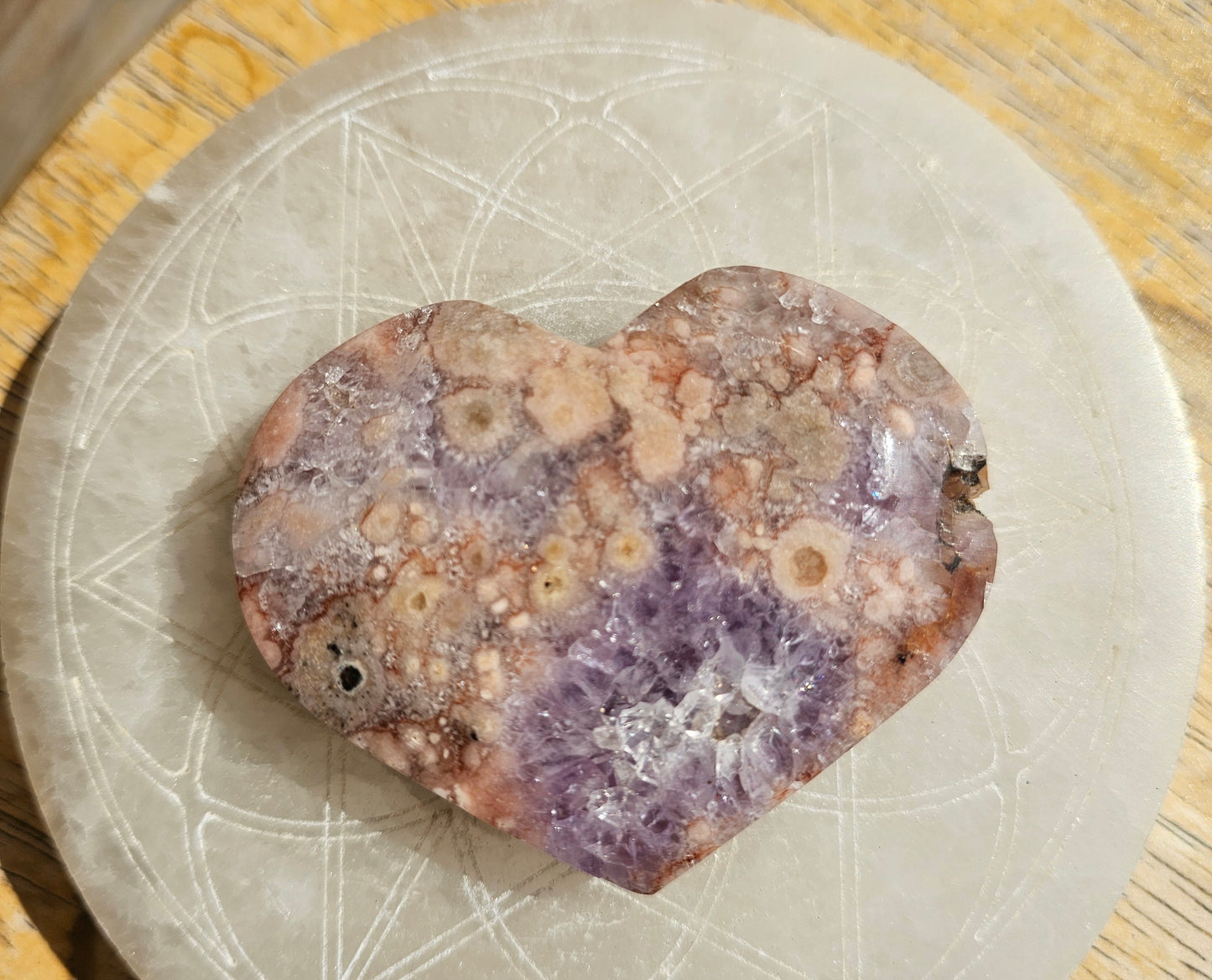 Pink Flower Agate-Amethyst Heart #1