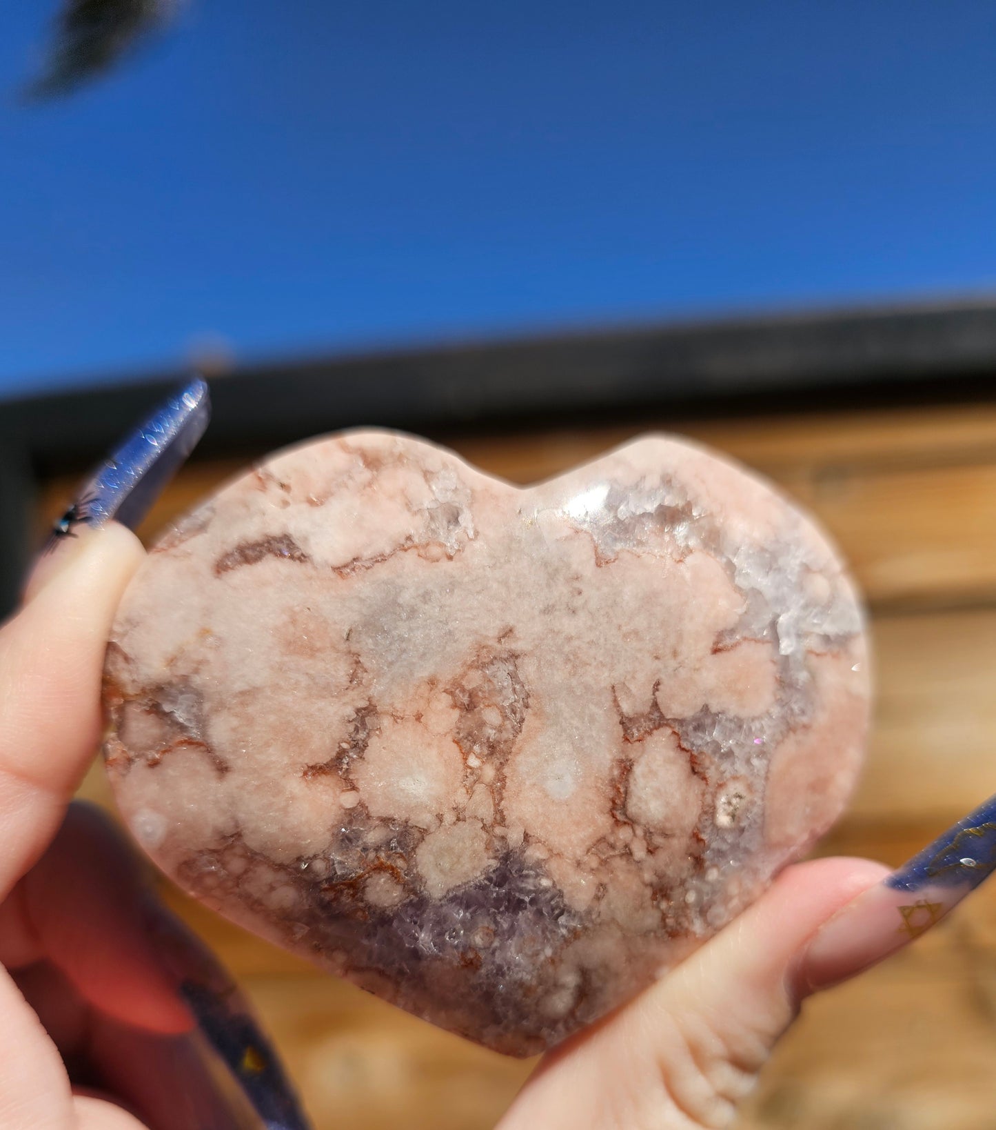 Pink Flower Agate-Amethyst Heart #1