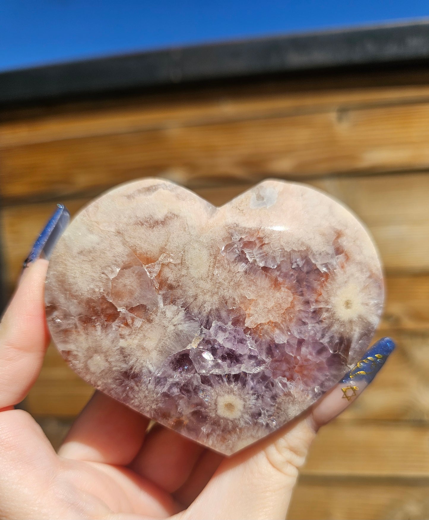 Pink Flower Agate-Amethyst Heart #6