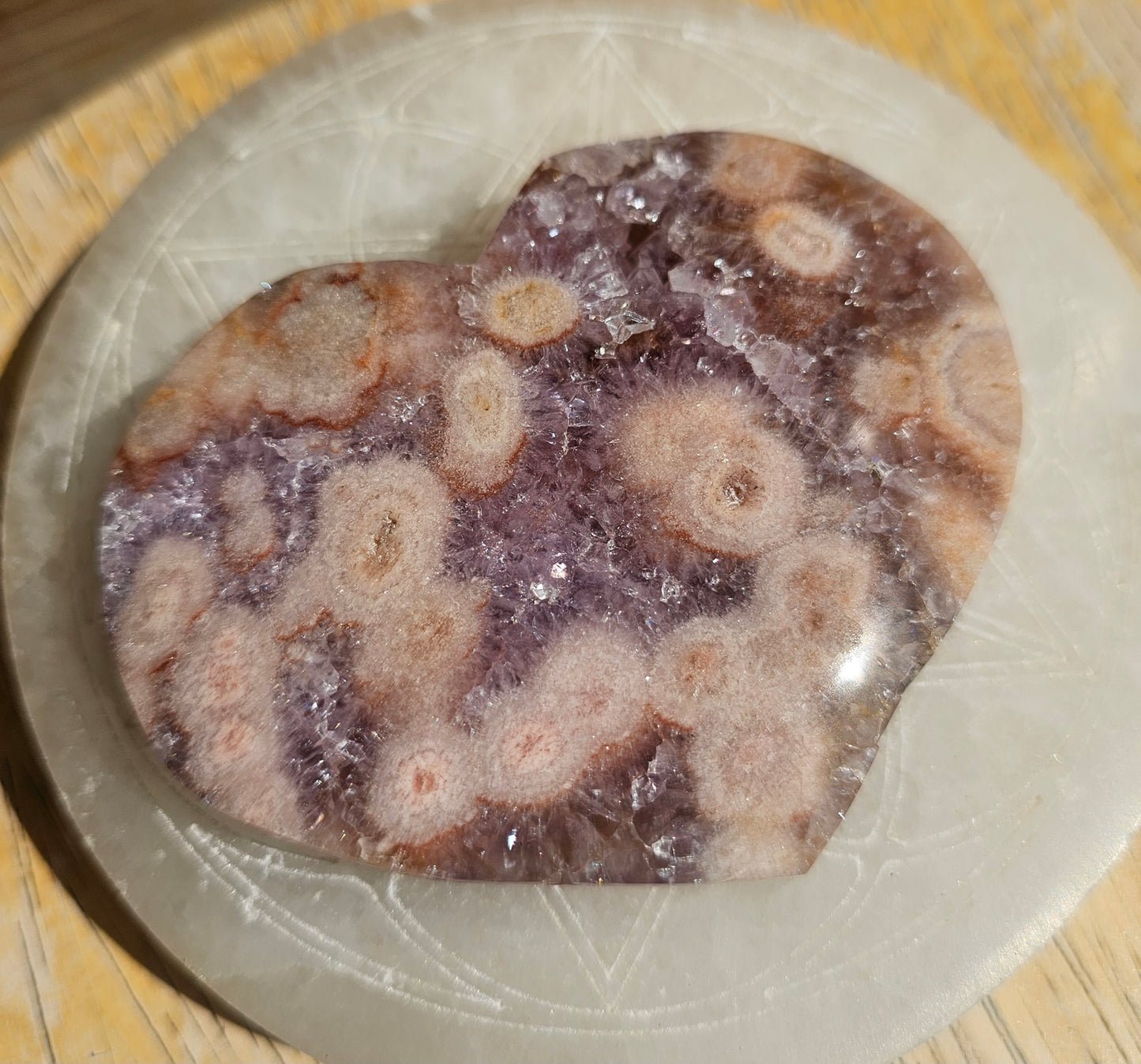 Pink Flower Agate-Amethyst Heart #5