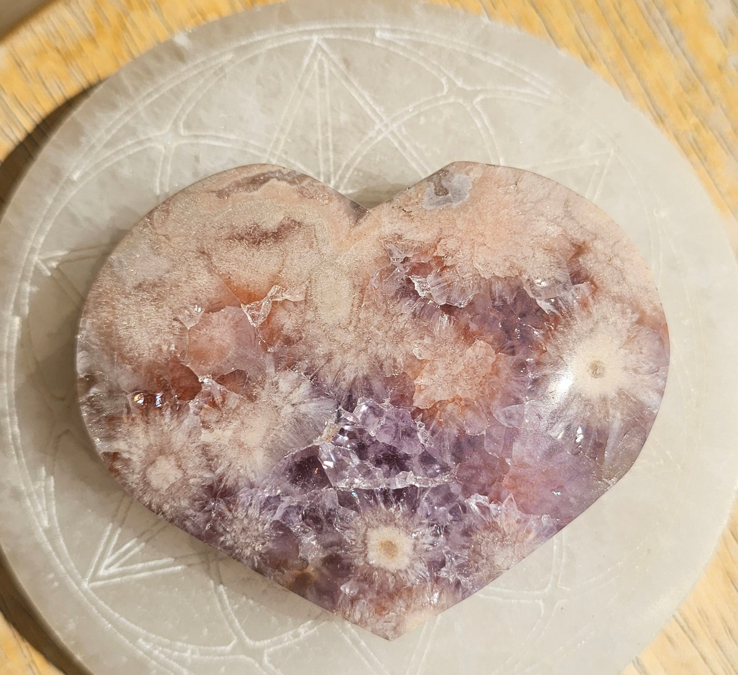 Pink Flower Agate-Amethyst Heart #6